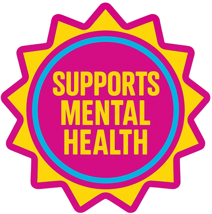 Colorful badge with 'Supports Mental Health' text on a white background