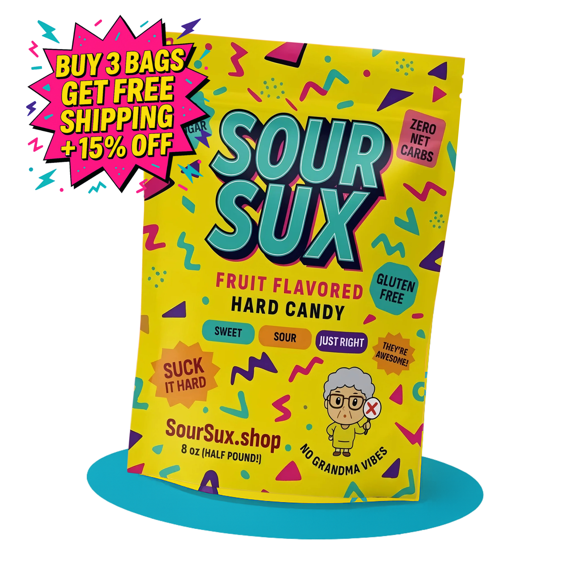 Sour Sux fruit flavored hard candy package with promotional text on a white background