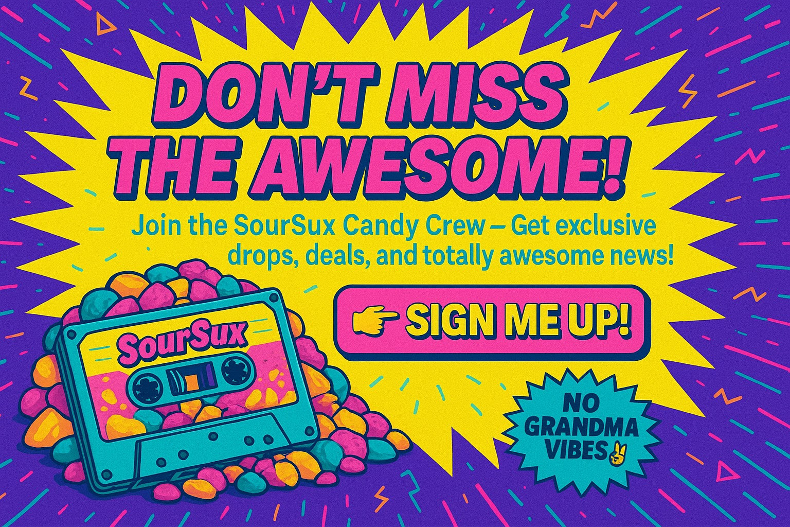 Promotional graphic for SourSux candy with colorful text and graphics on a purple background