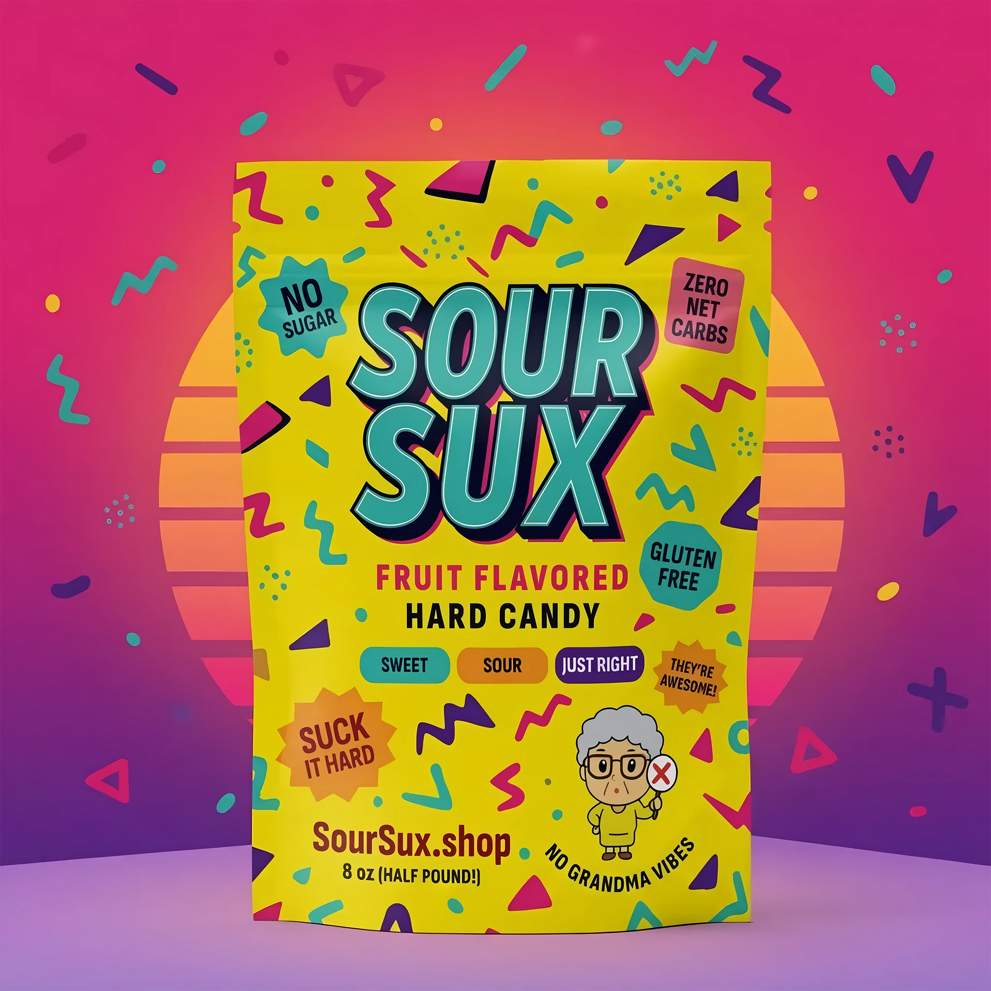 Sour Sux candy package with colorful design on a vibrant background