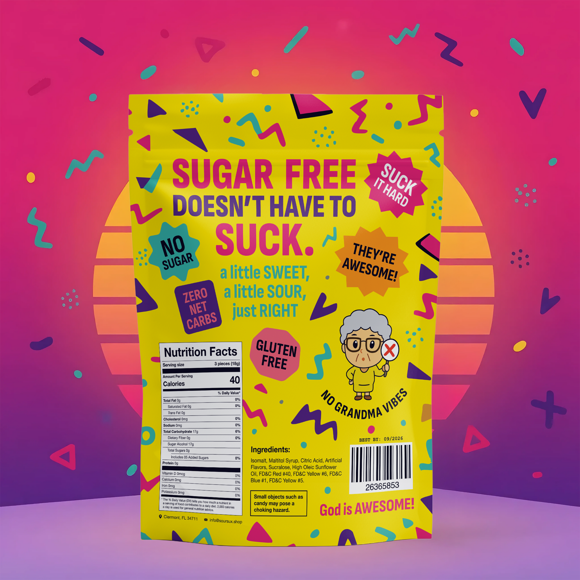 Colorful packaging with text and graphics on a pink and purple background