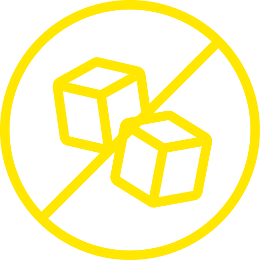 Yellow icon of two cubes inside a circle with a line through it on a white background